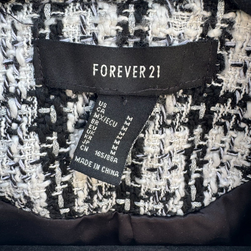 Forever 21 Womens Black White Tweed Cropped Double Breasted Blazer Jacket M