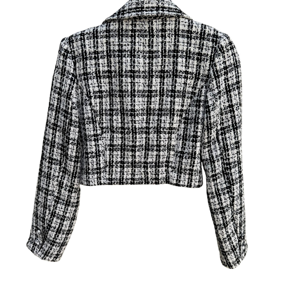 Forever 21 Womens Black White Tweed Cropped Double Breasted Blazer Jacket M