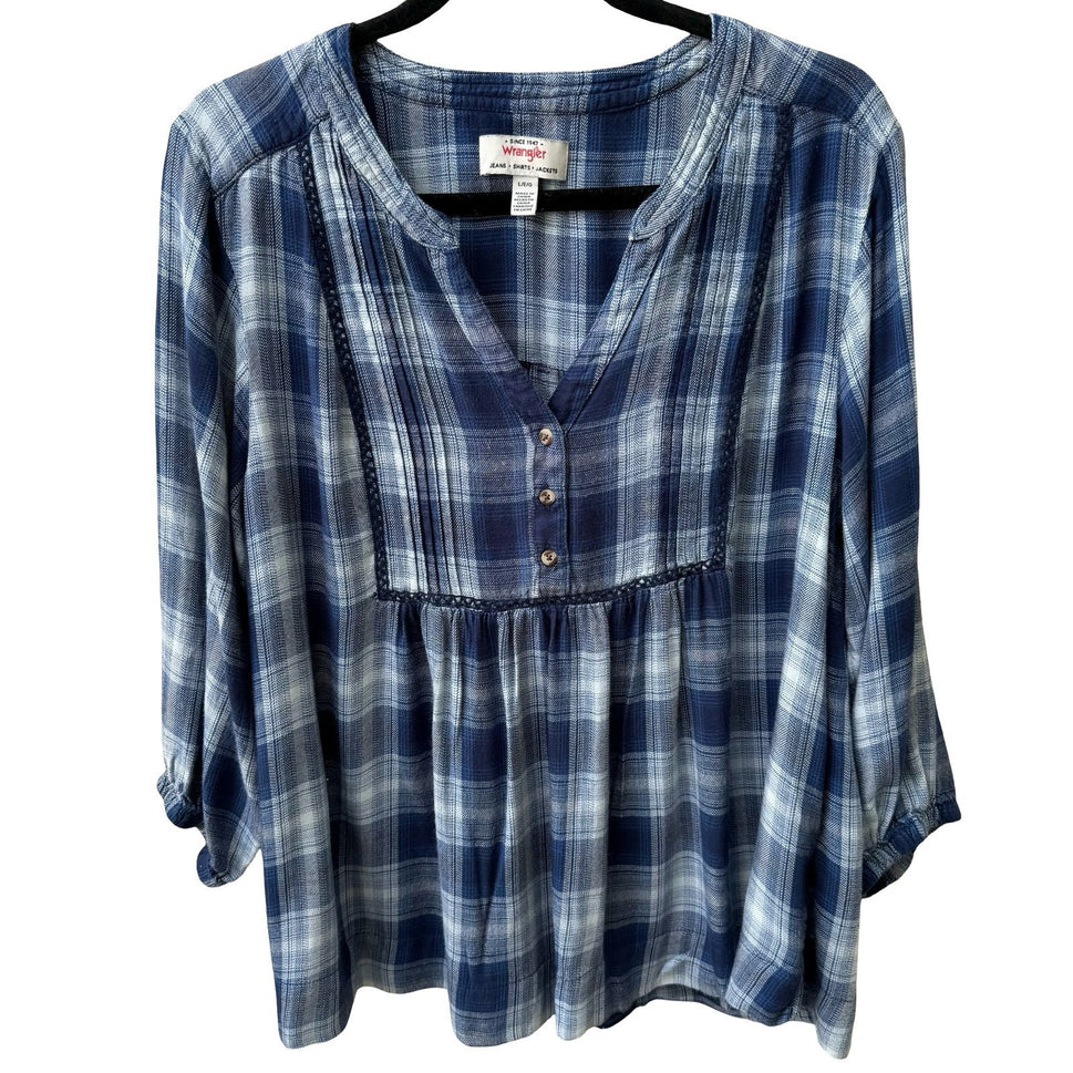 Wrangler Plaid Cottagecore Western Boho Pintuck Lace Trim Peasant Blouse Blue L