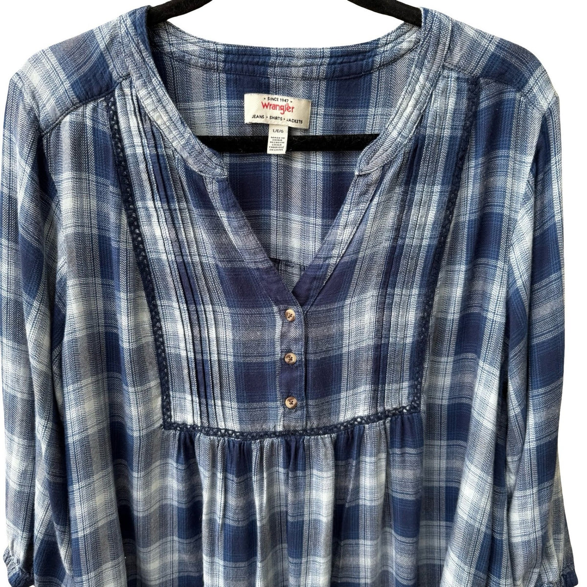 Wrangler Plaid Cottagecore Western Boho Pintuck Lace Trim Peasant Blouse Blue L