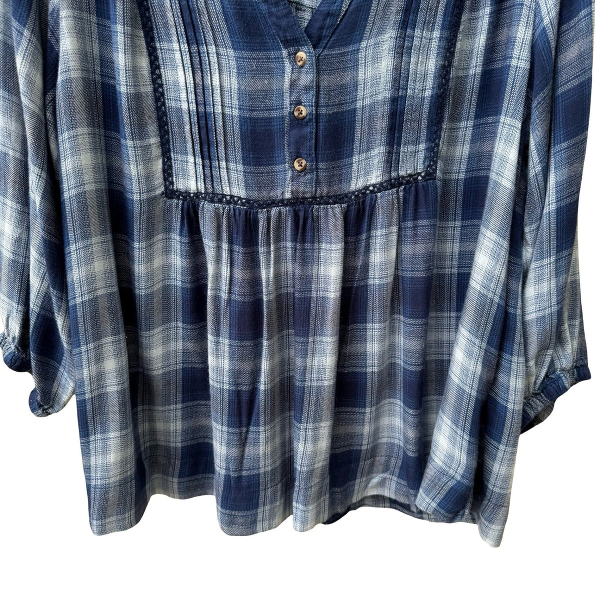 Wrangler Plaid Cottagecore Western Boho Pintuck Lace Trim Peasant Blouse Blue L