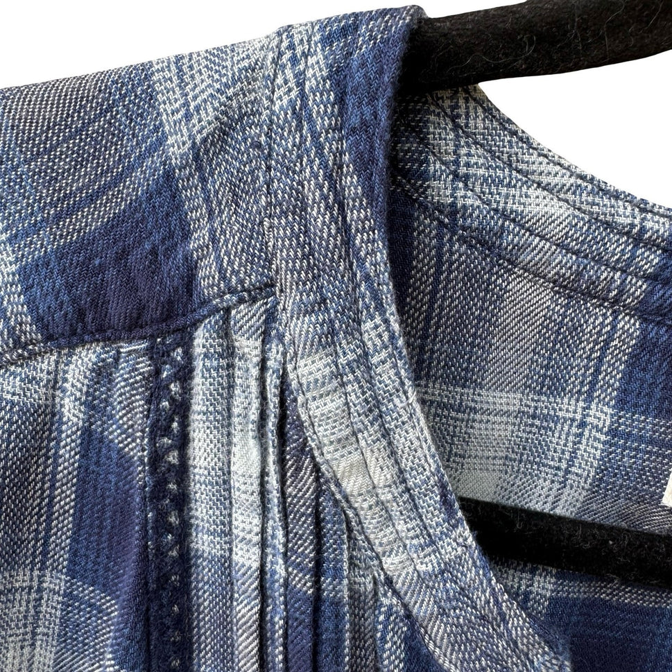 Wrangler Plaid Cottagecore Western Boho Pintuck Lace Trim Peasant Blouse Blue L