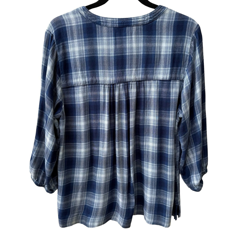 Wrangler Plaid Cottagecore Western Boho Pintuck Lace Trim Peasant Blouse Blue L