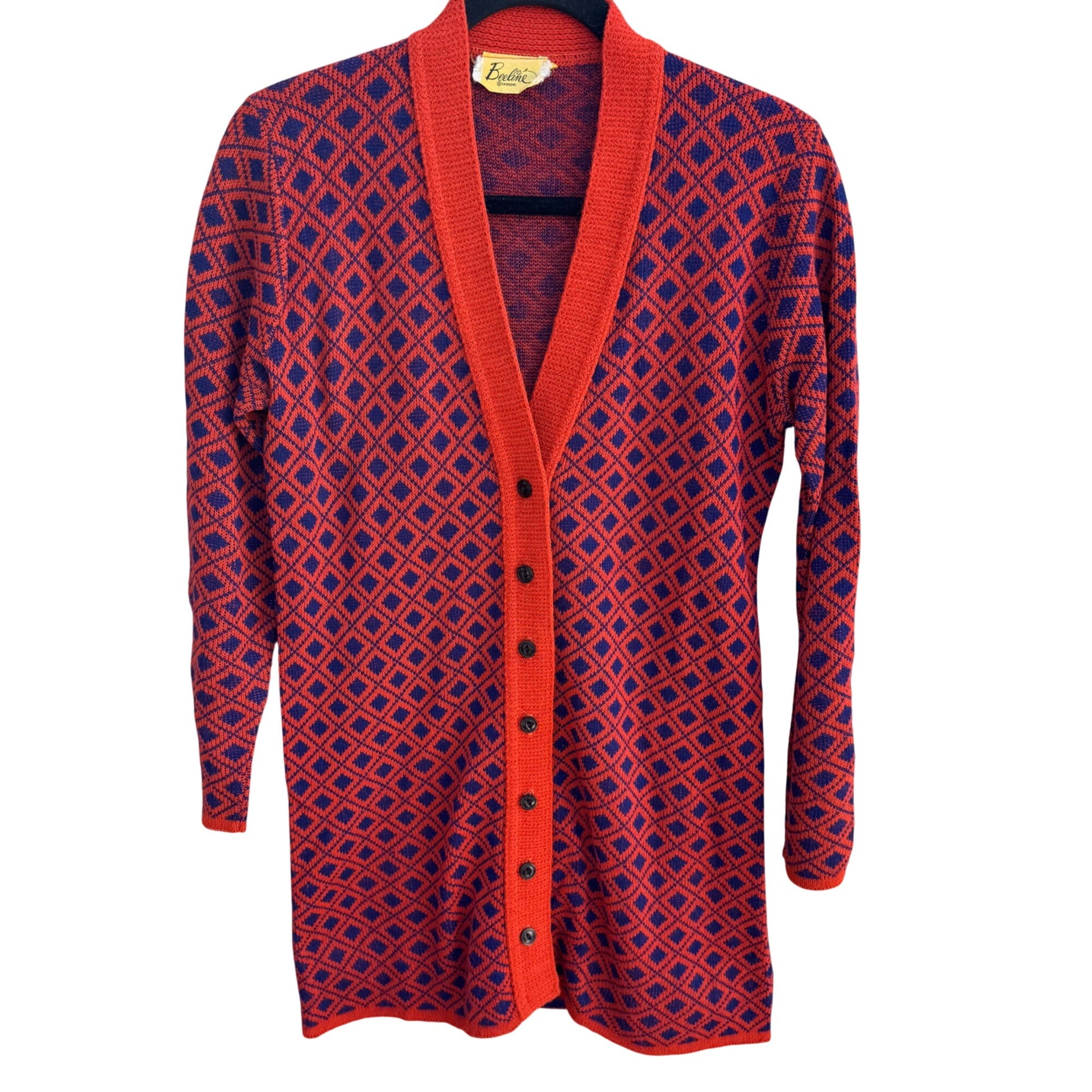 Beeline Fashions Vintage 60s Mod Orange Blue Diamond Knit Cardigan Sweater M