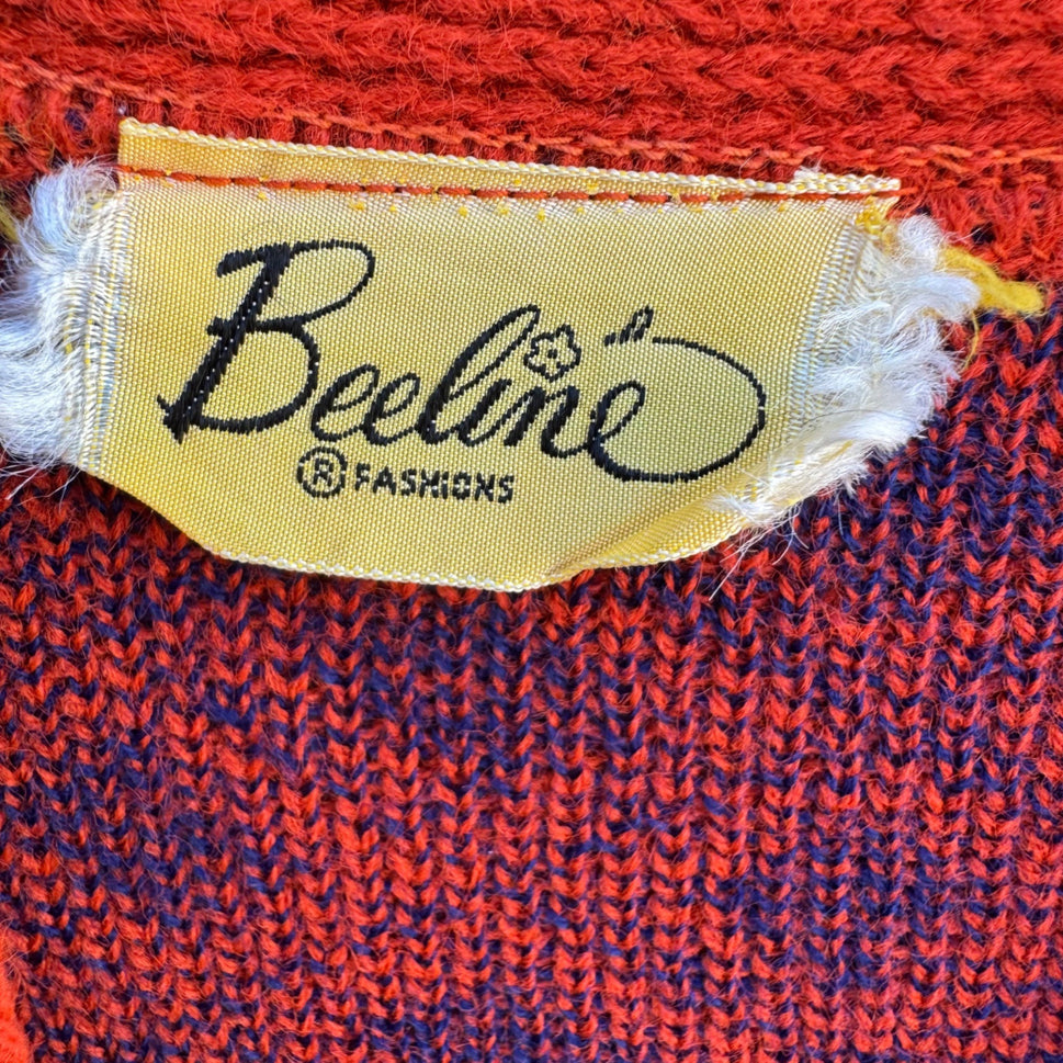 Beeline Fashions Vintage 60s Mod Orange Blue Diamond Knit Cardigan Sweater M