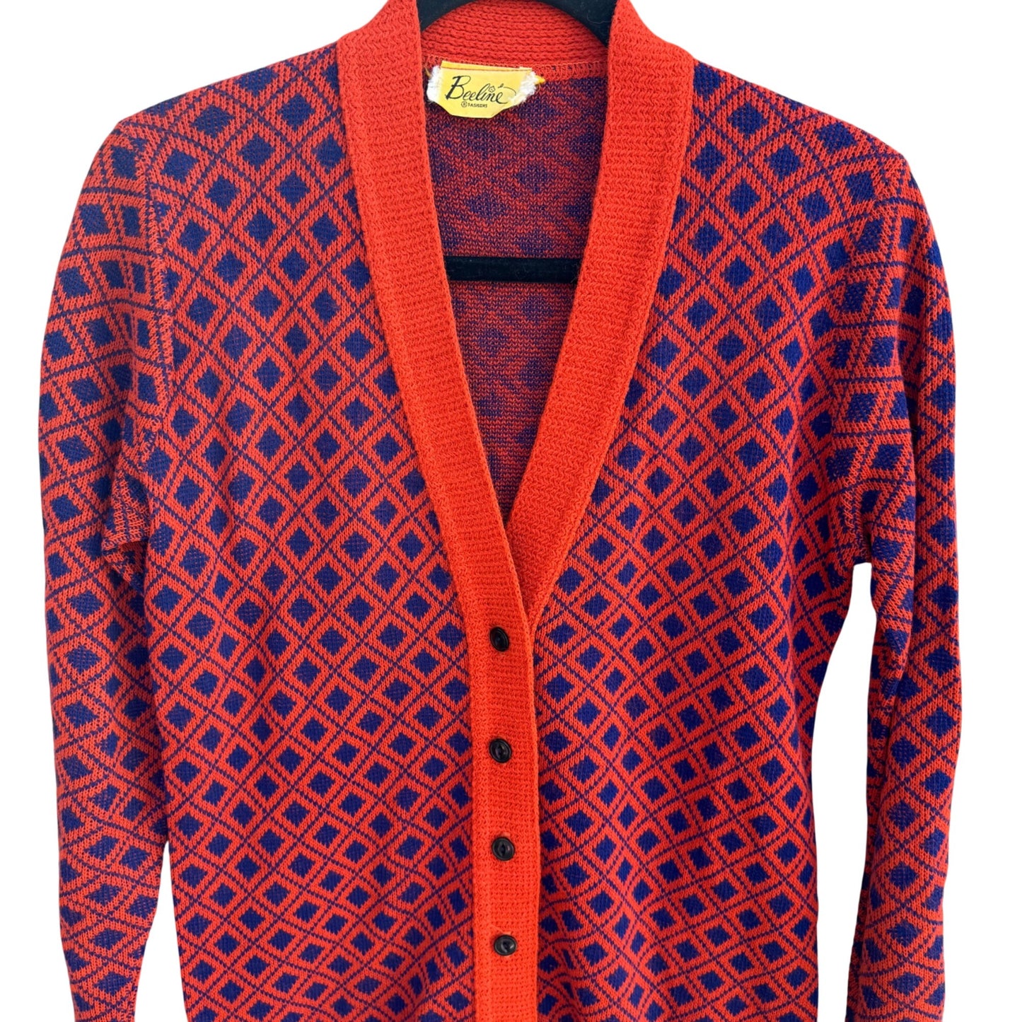 Beeline Fashions Vintage 60s Mod Orange Blue Diamond Knit Cardigan Sweater M