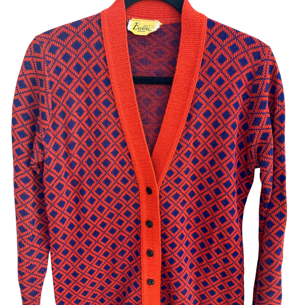 Beeline Fashions Vintage 60s Mod Orange Blue Diamond Knit Cardigan Sweater M