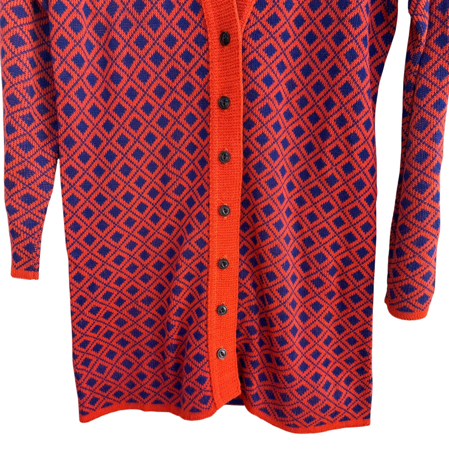 Beeline Fashions Vintage 60s Mod Orange Blue Diamond Knit Cardigan Sweater M
