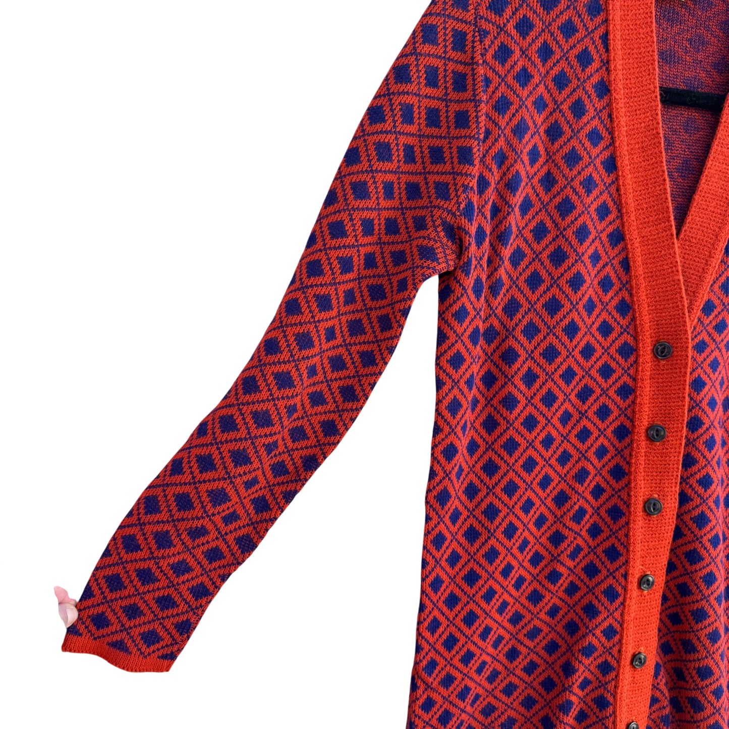Beeline Fashions Vintage 60s Mod Orange Blue Diamond Knit Cardigan Sweater M