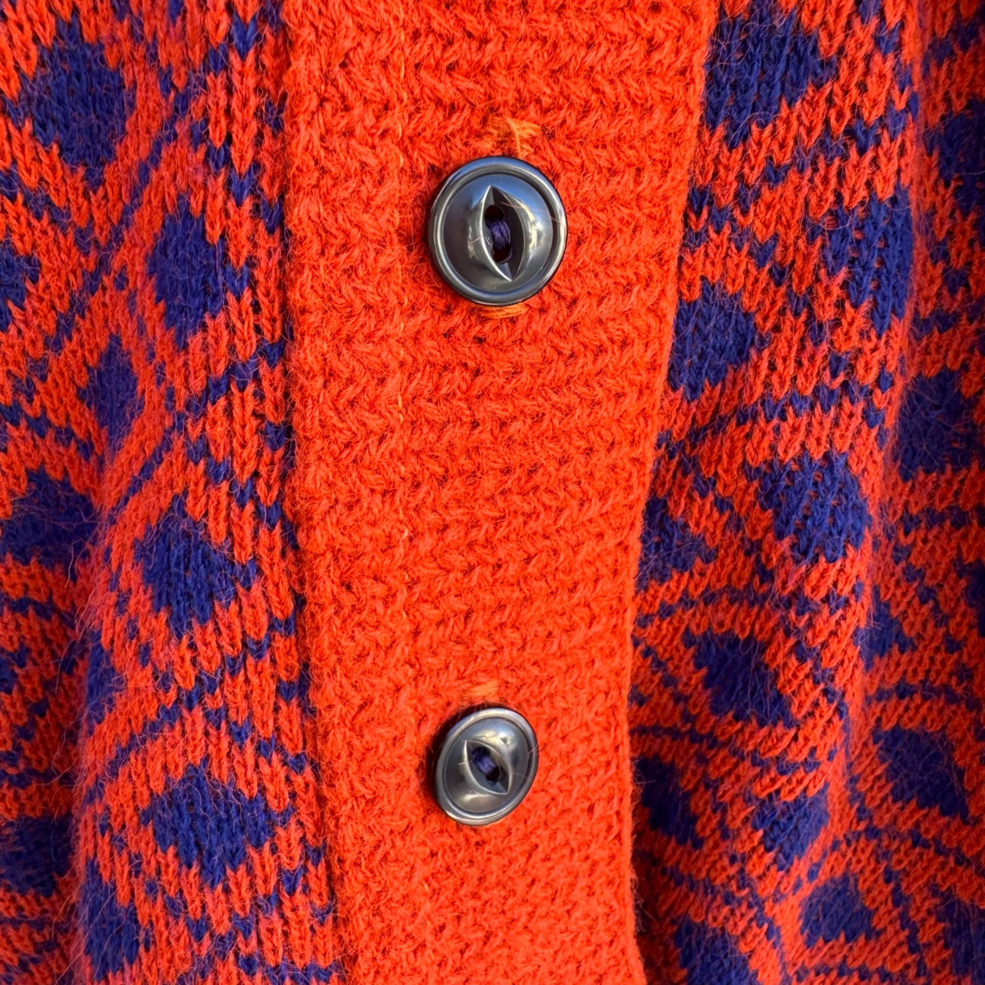 Beeline Fashions Vintage 60s Mod Orange Blue Diamond Knit Cardigan Sweater M
