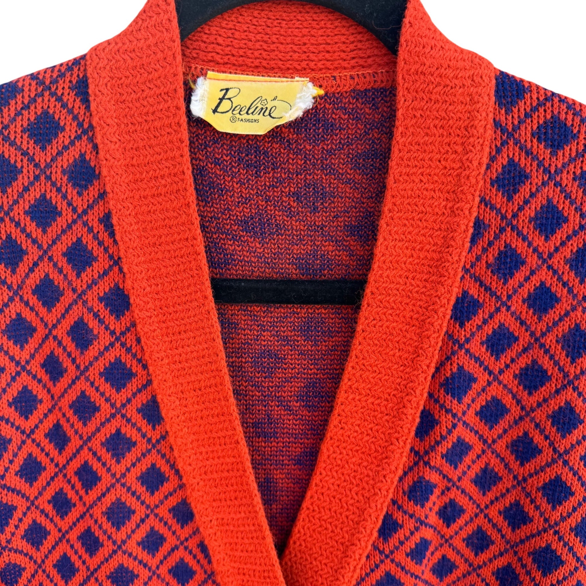 Beeline Fashions Vintage 60s Mod Orange Blue Diamond Knit Cardigan Sweater M