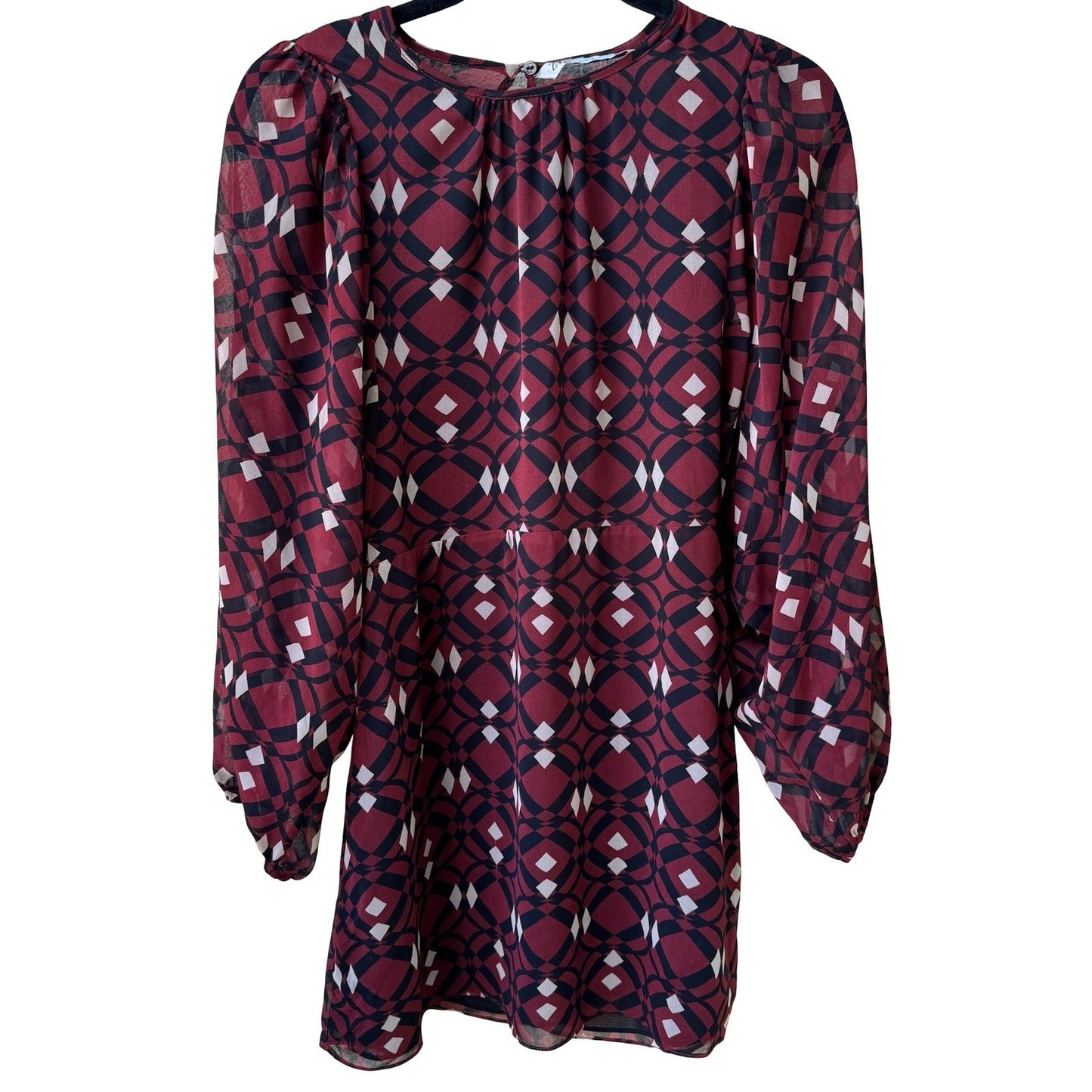 Zara Boho Mod Ethereal Geometric Print Puff Sleeve Mini Shift Dress Burgundy S