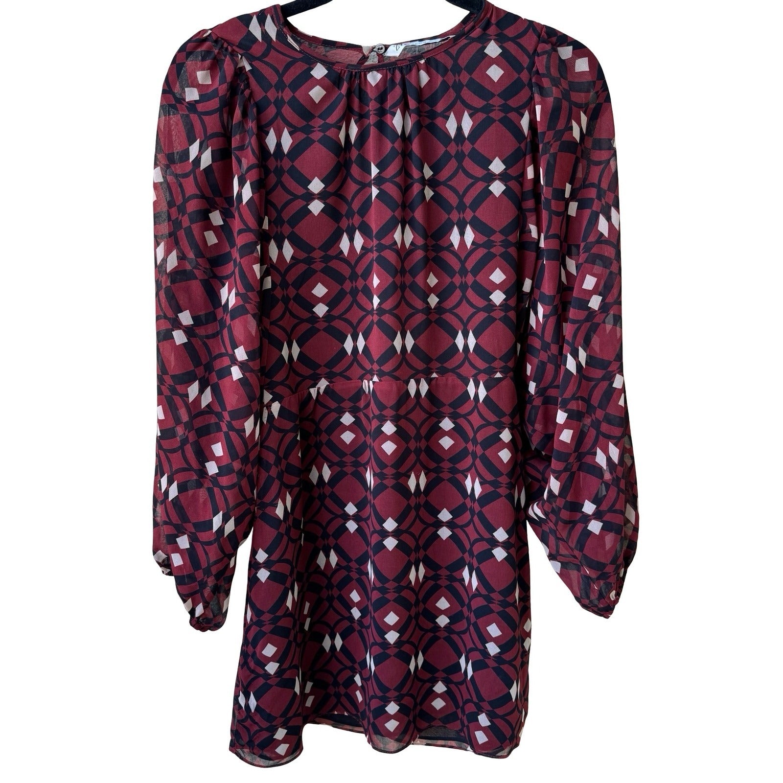 Zara Boho Mod Ethereal Geometric Print Puff Sleeve Mini Shift Dress Burgundy S