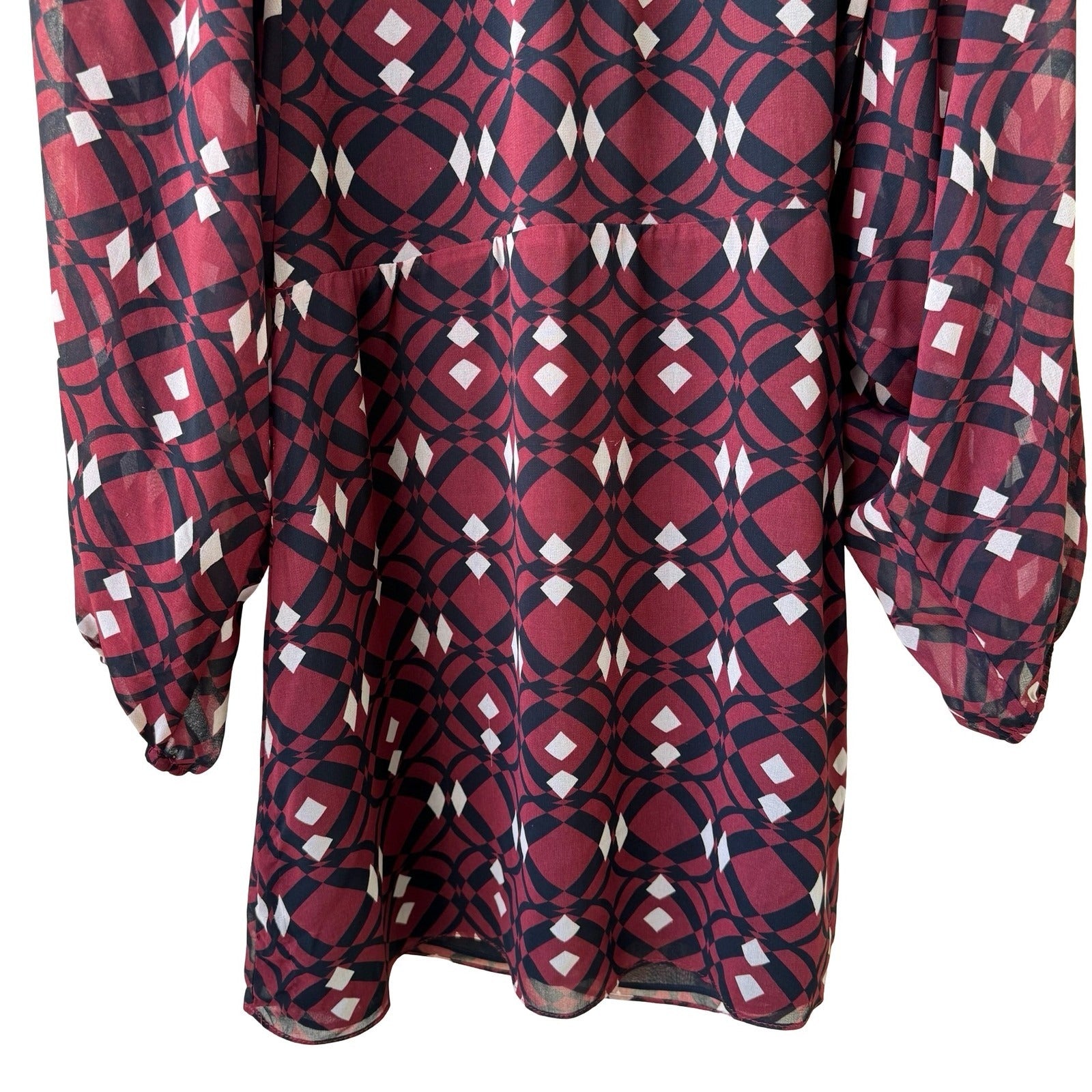 Zara Boho Mod Ethereal Geometric Print Puff Sleeve Mini Shift Dress Burgundy S