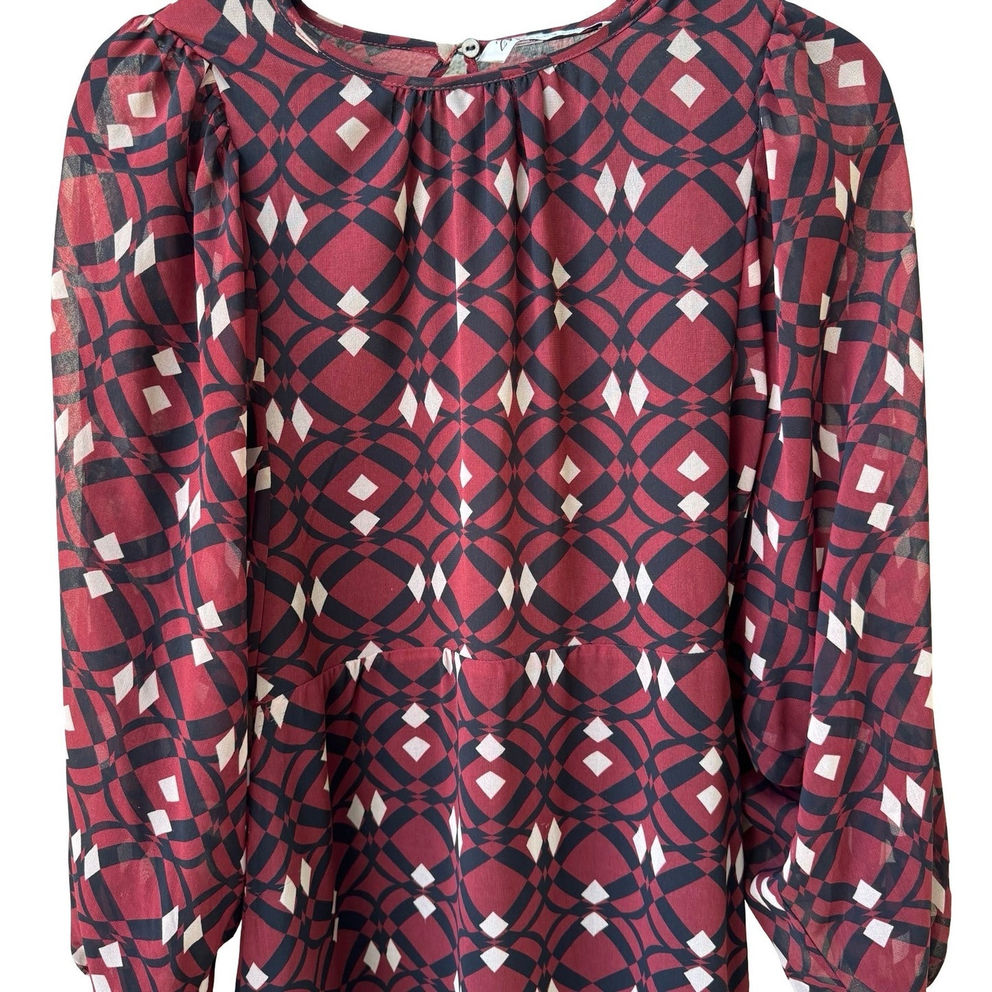Zara Boho Mod Ethereal Geometric Print Puff Sleeve Mini Shift Dress Burgundy S