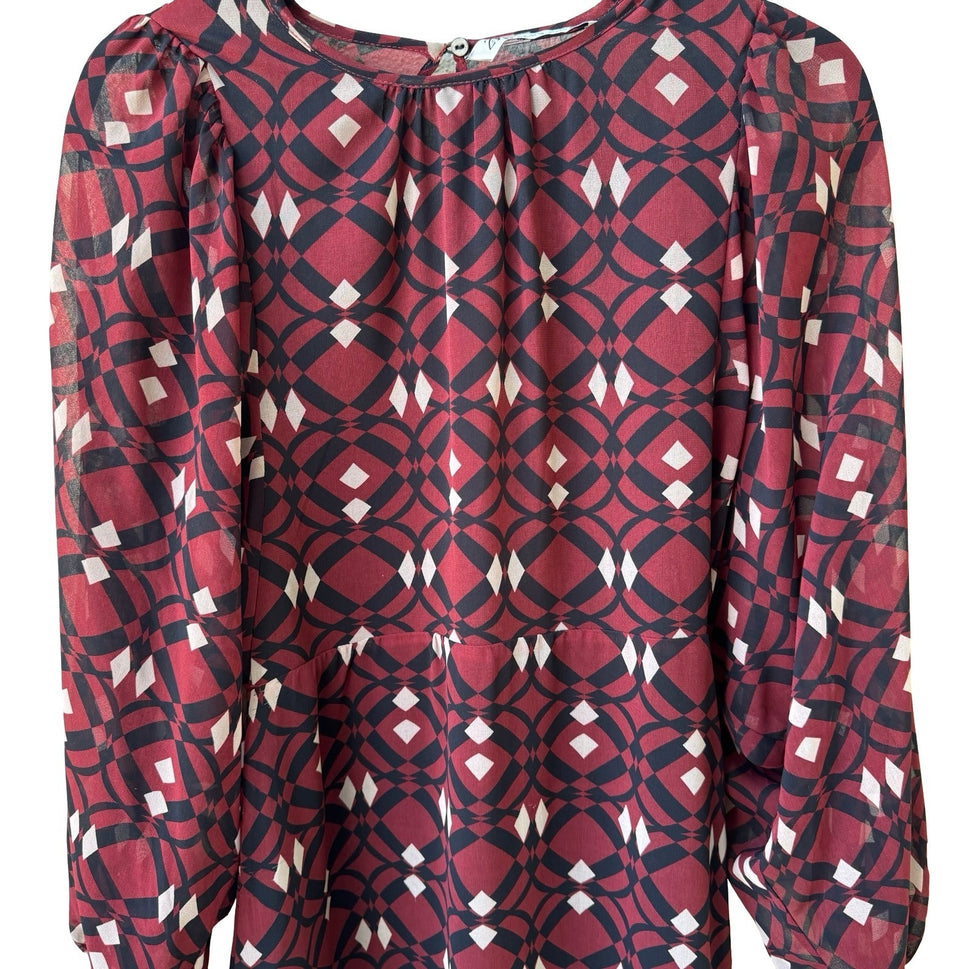 Zara Boho Mod Ethereal Geometric Print Puff Sleeve Mini Shift Dress Burgundy S