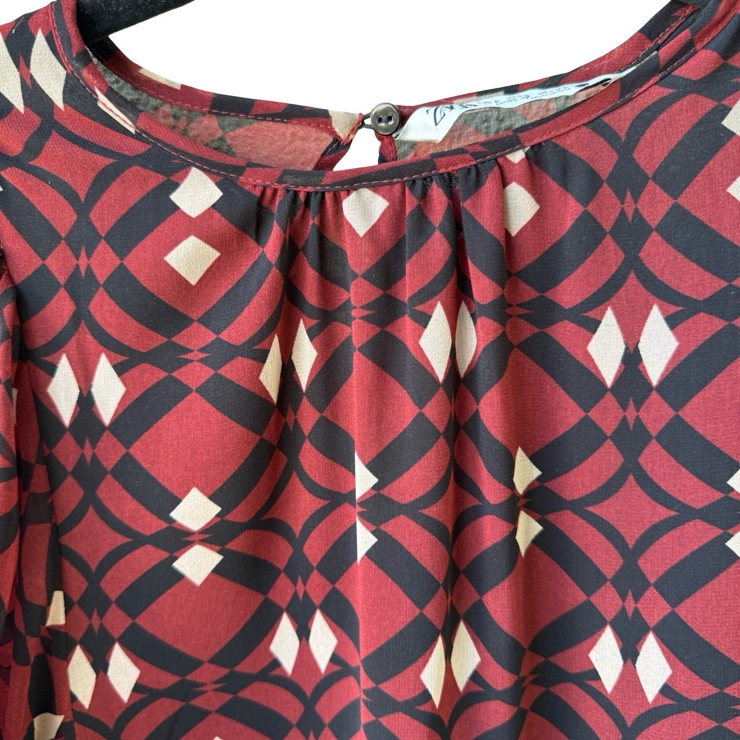 Zara Boho Mod Ethereal Geometric Print Puff Sleeve Mini Shift Dress Burgundy S