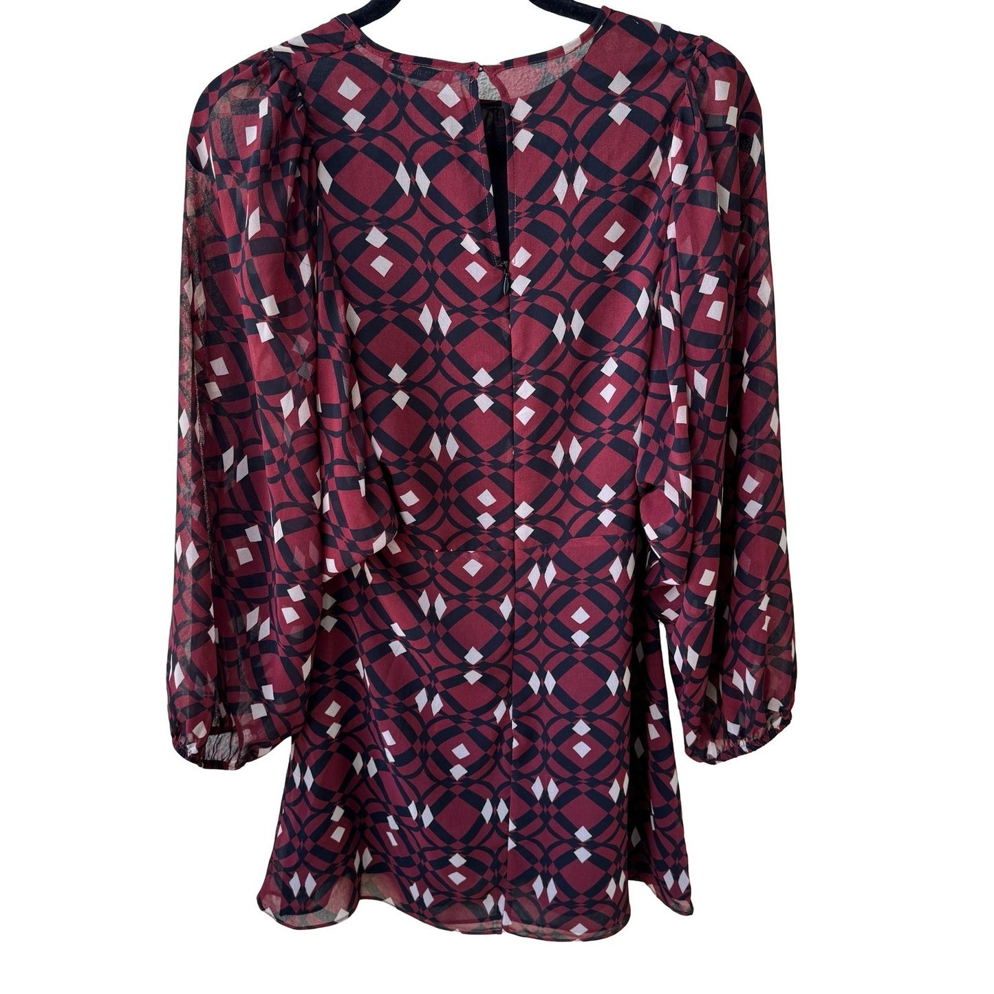 Zara Boho Mod Ethereal Geometric Print Puff Sleeve Mini Shift Dress Burgundy S