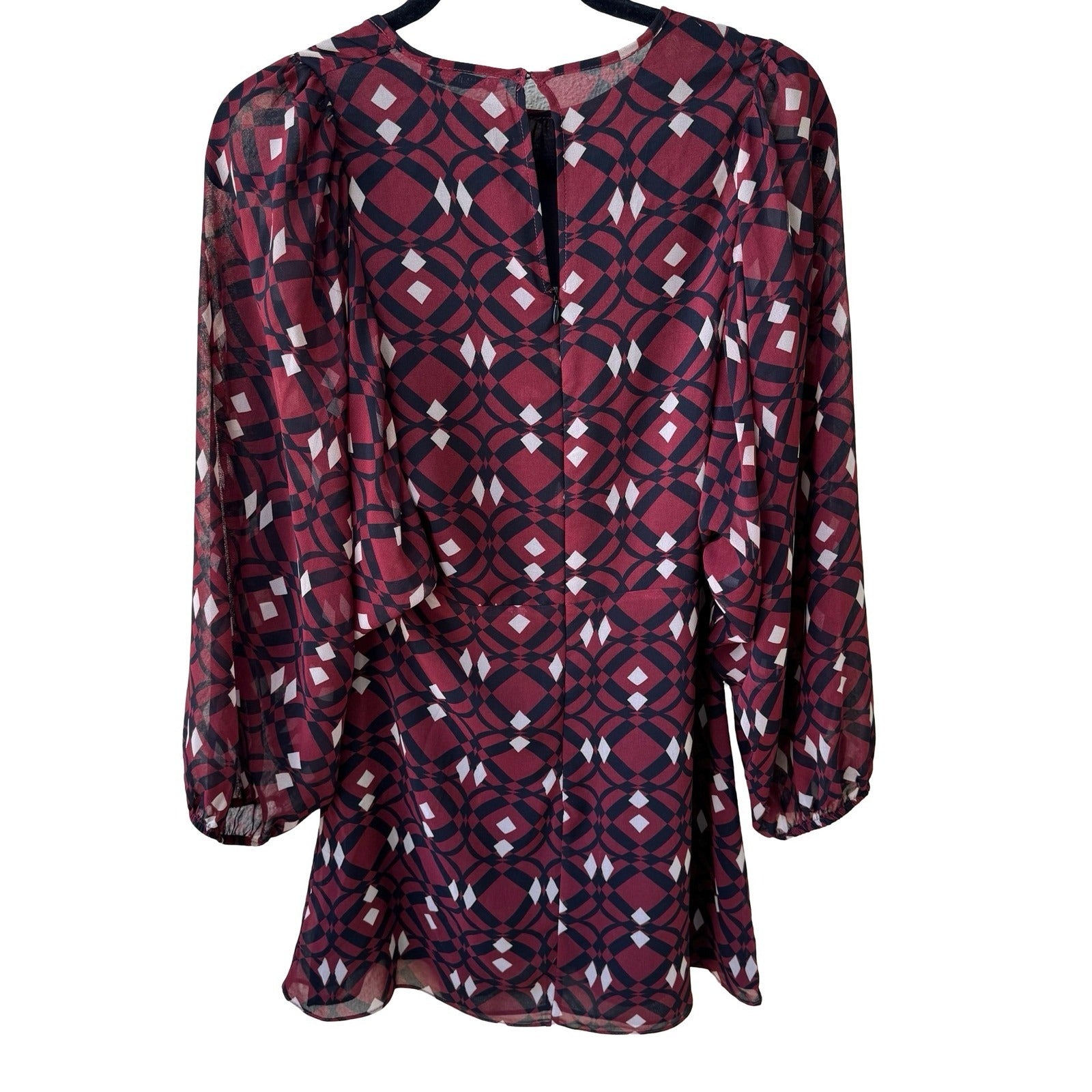 Zara Boho Mod Ethereal Geometric Print Puff Sleeve Mini Shift Dress Burgundy S