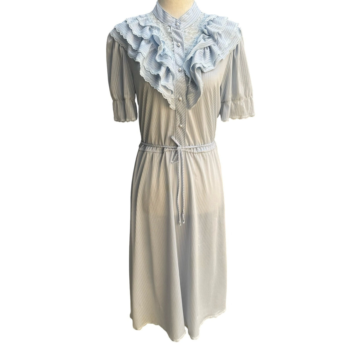 Jerri Jee Vintage 70s Coquette Cottagecore Ruffle Lace Midi Dress Pastel Blue S