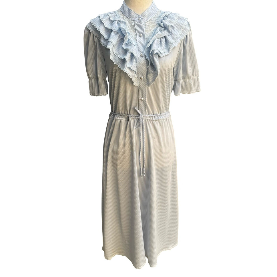 Jerri Jee Vintage 70s Coquette Cottagecore Ruffle Lace Midi Dress Pastel Blue S