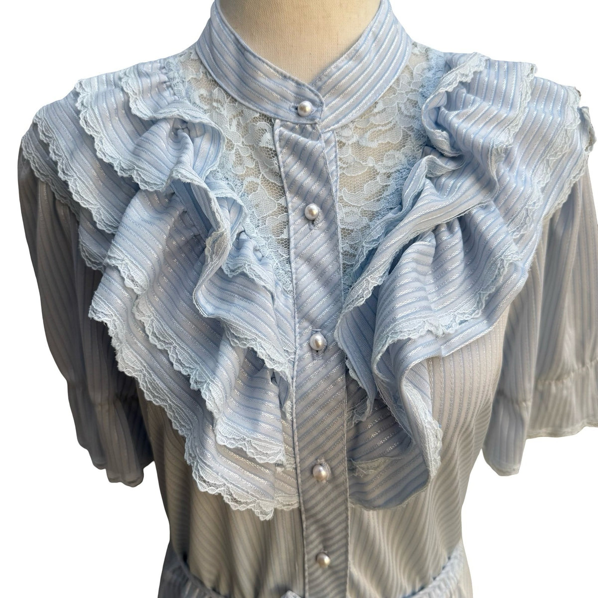 Jerri Jee Vintage 70s Coquette Cottagecore Ruffle Lace Midi Dress Pastel Blue S