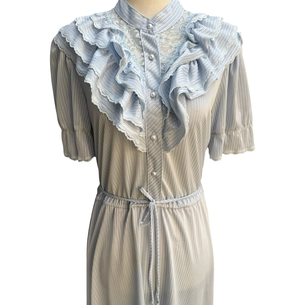 Jerri Jee Vintage 70s Coquette Cottagecore Ruffle Lace Midi Dress Pastel Blue S