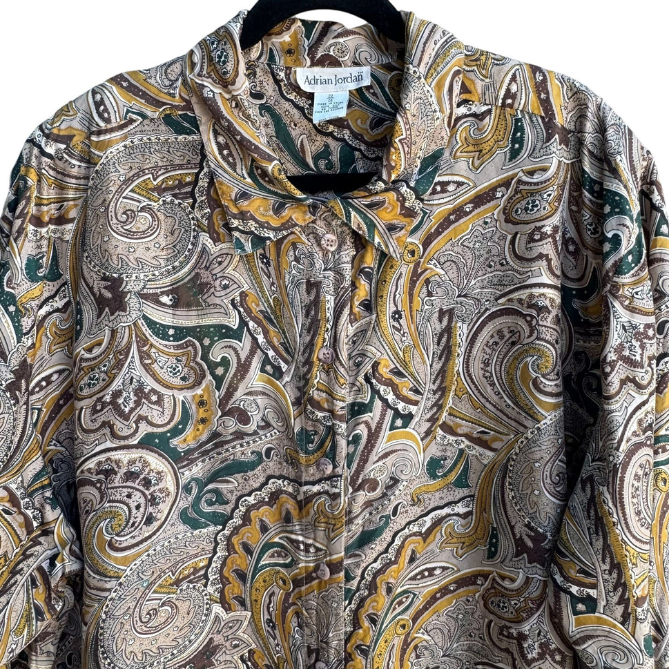 Adrian Jordan Vintage Womens Boho Paisley Silk Long Sleeve Button Shirt Blouse 22