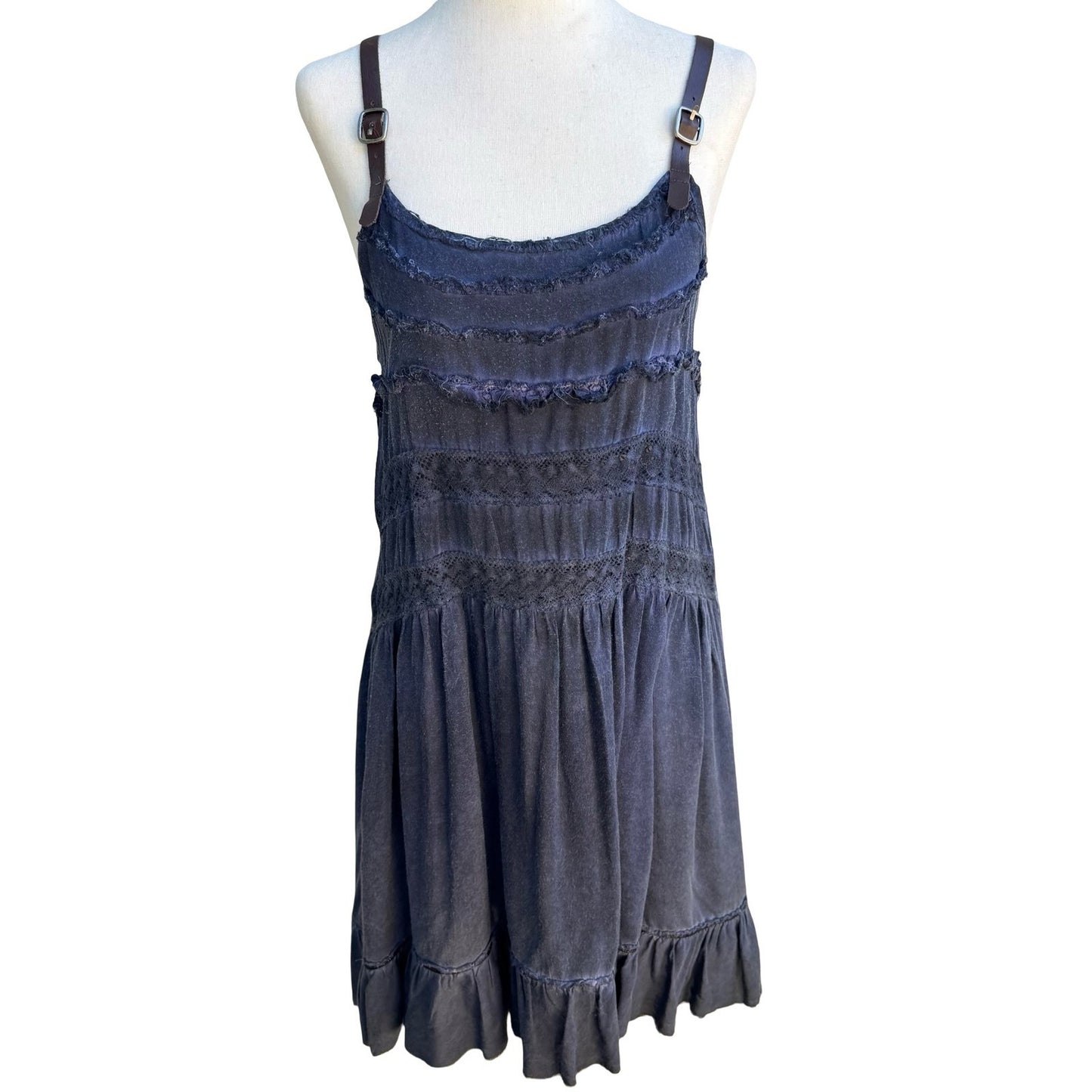 Black Swan Y2K Boho Festival Tiered Crochet Lace Leather Strap Mini Dress Navy S