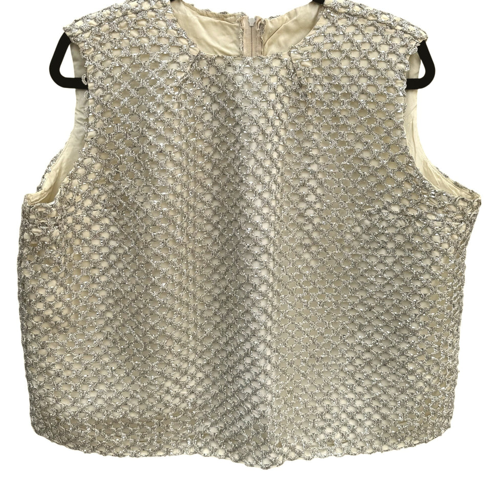 Vintage Womens Sleeveless Glam Party Formal Metallic Chain Detail Silk Mesh Top XL