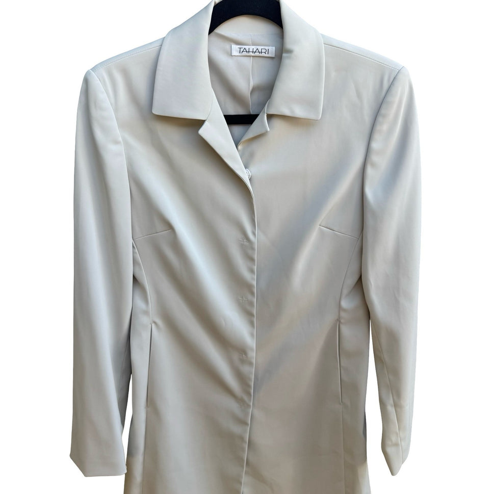 Tahari Minimalist Longline Quiet Luxury Tailored Neutral Blazer Jacket Coat 8