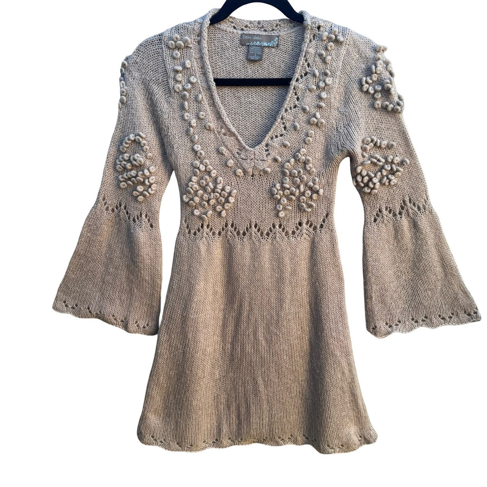Doki Geki Y2K Boho Fairycore Bell Sleeve Pointelle Bobble Knit Tunic Sweater S