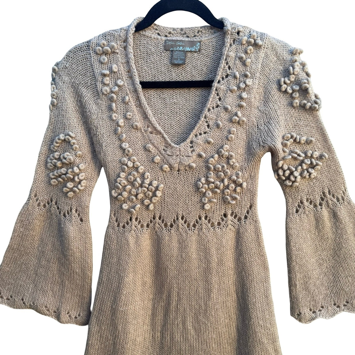 Doki Geki Y2K Boho Fairycore Bell Sleeve Pointelle Bobble Knit Tunic Sweater S
