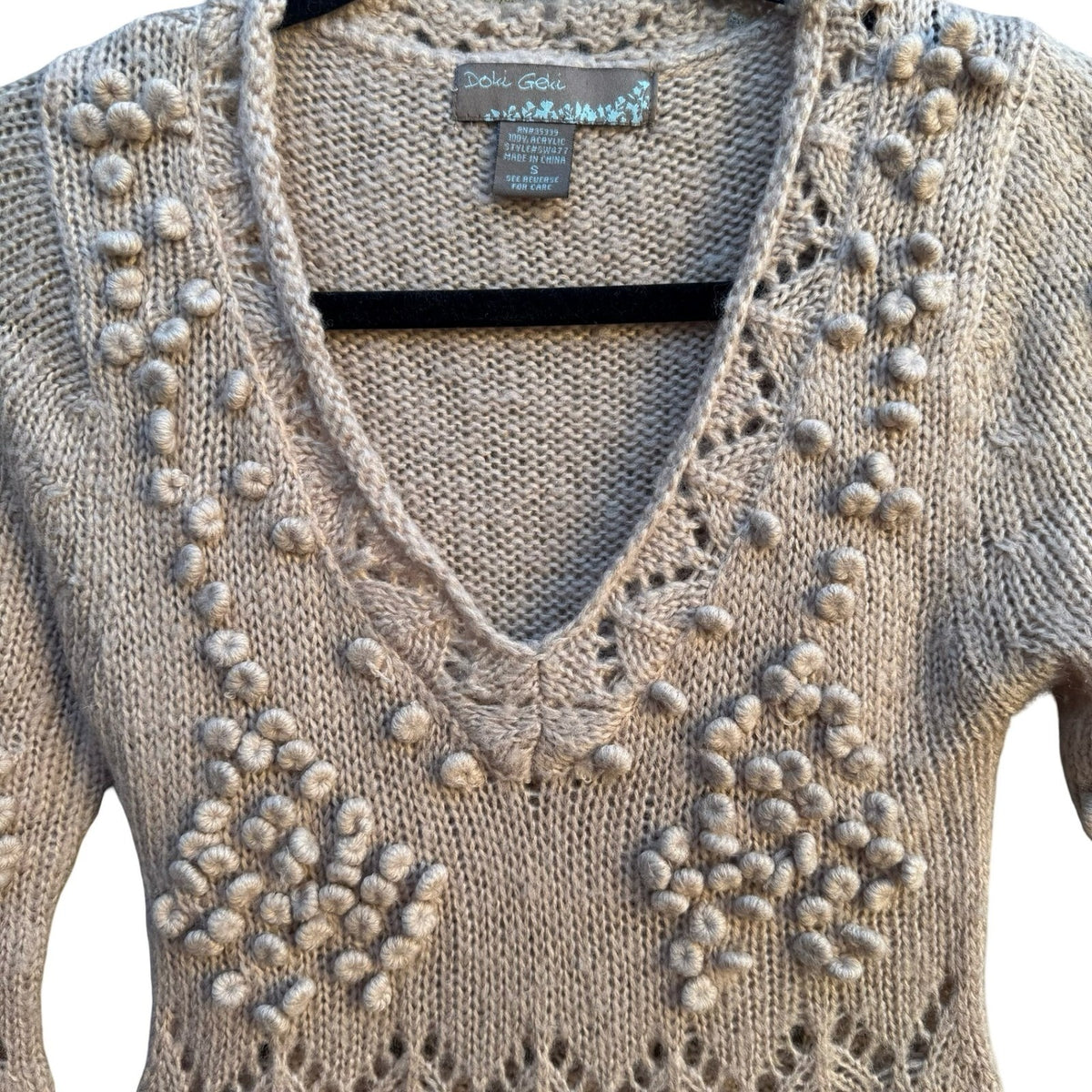 Doki Geki Y2K Boho Fairycore Bell Sleeve Pointelle Bobble Knit Tunic Sweater S