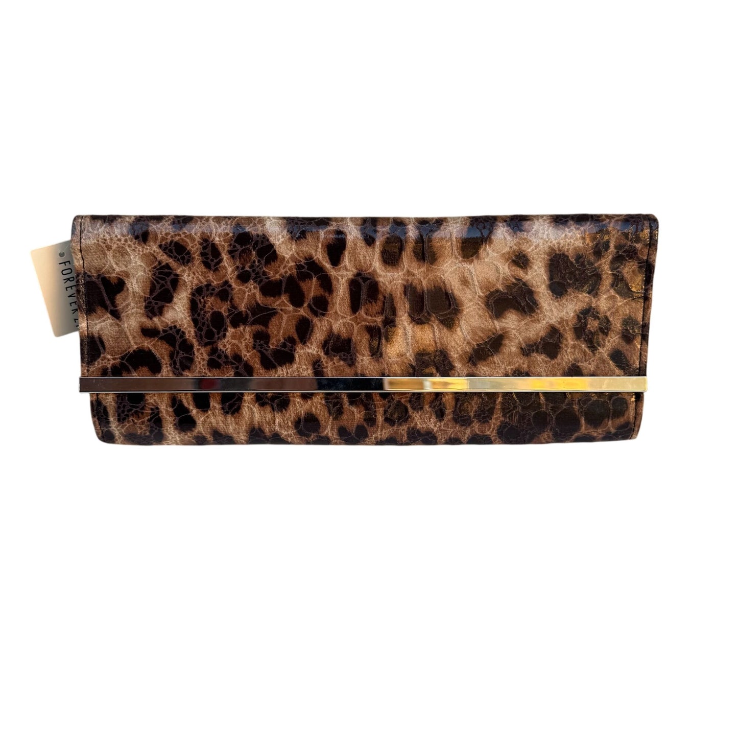 Forever 21 Womens Leopard Print Clutch Handbag Gold Accent Formal Glam Party