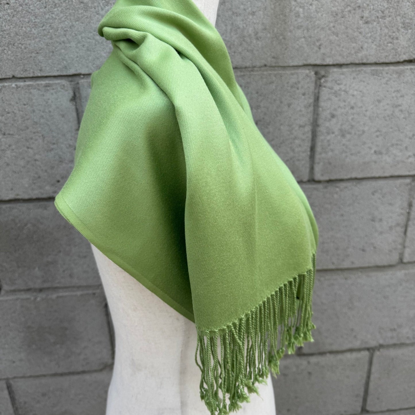 Lime Green Pashmina Style Wrap Scarf with Knotted Fringe Trim Shawl Solid Soft