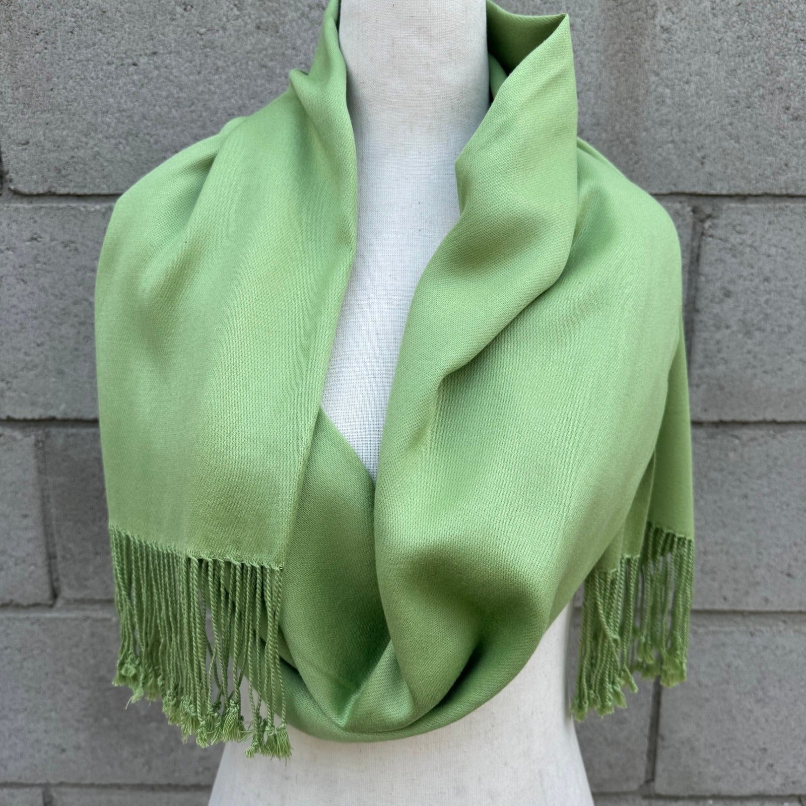 Lime Green Pashmina Style Wrap Scarf with Knotted Fringe Trim Shawl Solid Soft