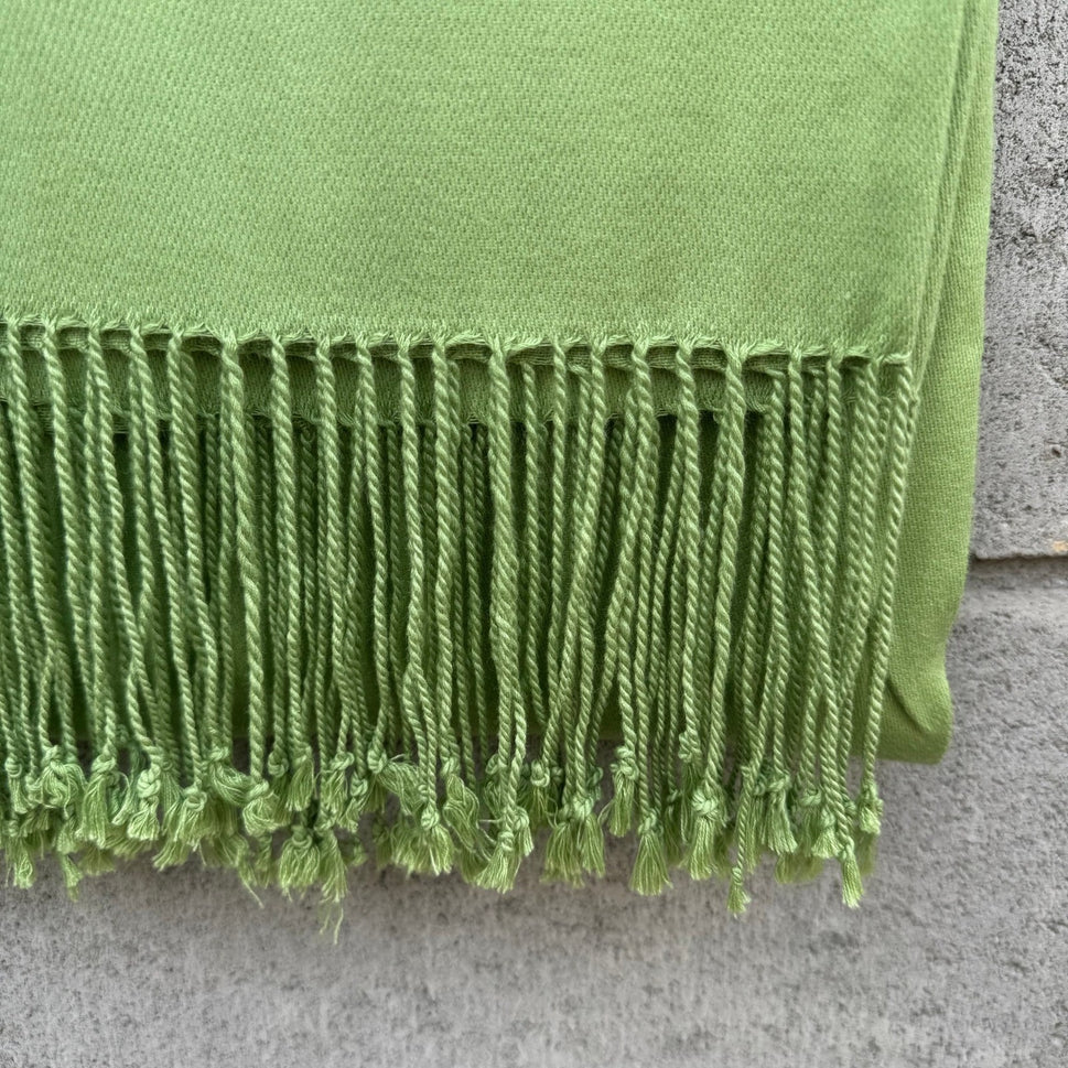Lime Green Pashmina Style Wrap Scarf with Knotted Fringe Trim Shawl Solid Soft