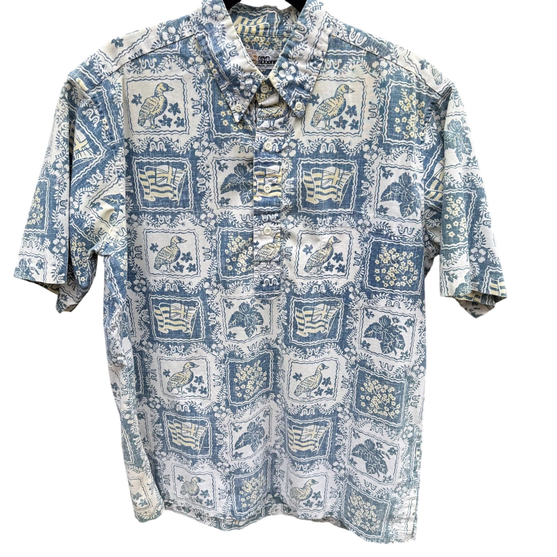 Reyn Spooner Vintage Mens Blue Hawaiian Lahain Sailor Button-Up Shirt Gold Label