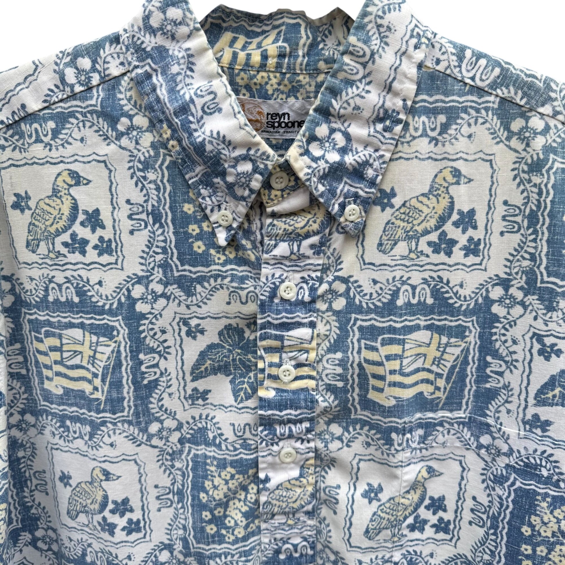 Reyn Spooner Vintage Mens Blue Hawaiian Lahain Sailor Button-Up Shirt Gold Label