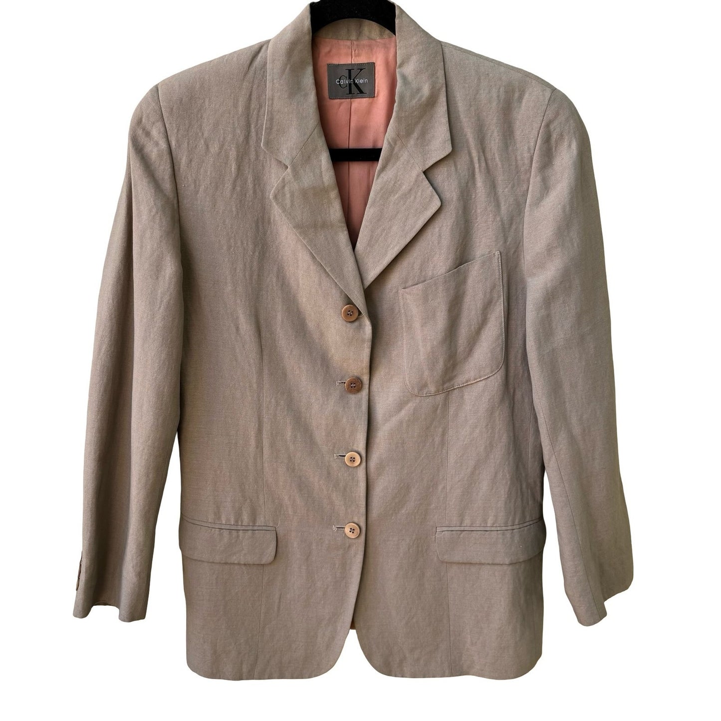 Calvin Klein Vintage 90s Linen Blend Minimalist Old Money Blazer Jacket Tan 8