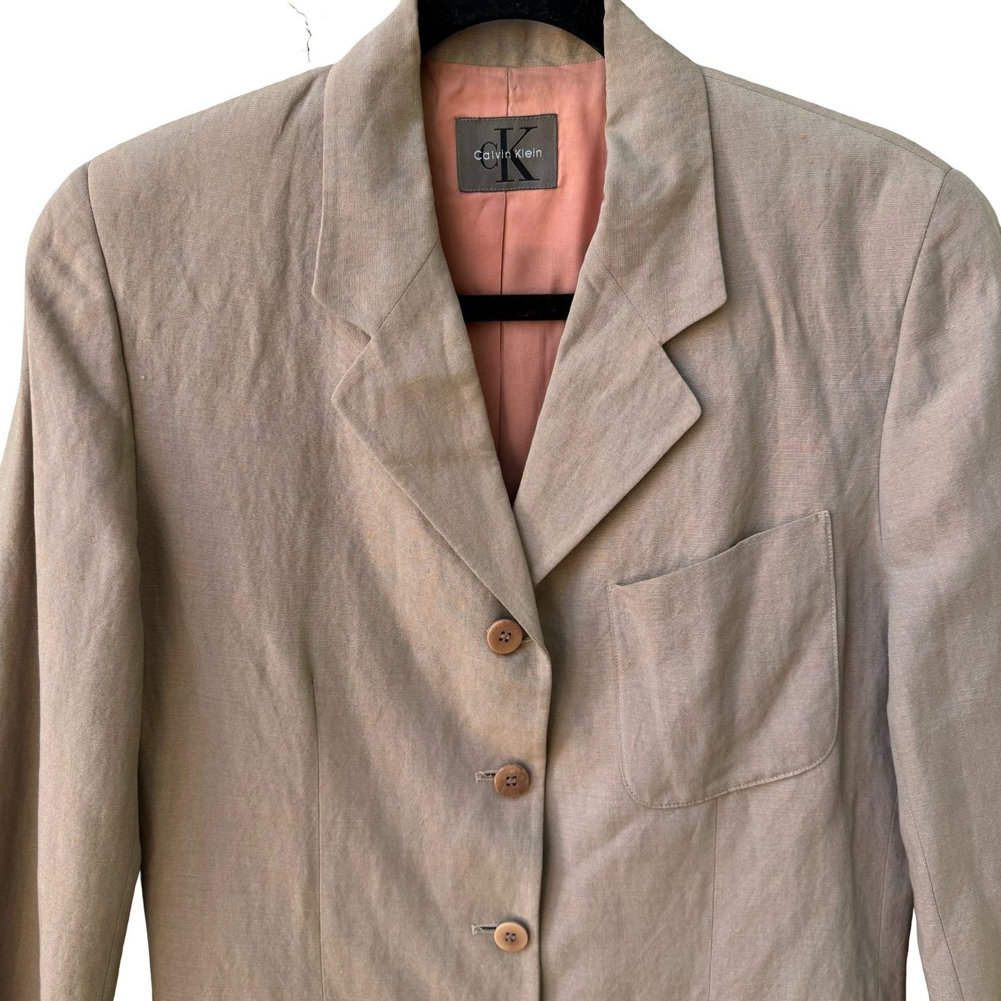 Calvin Klein Vintage 90s Linen Blend Minimalist Old Money Blazer Jacket Tan 8
