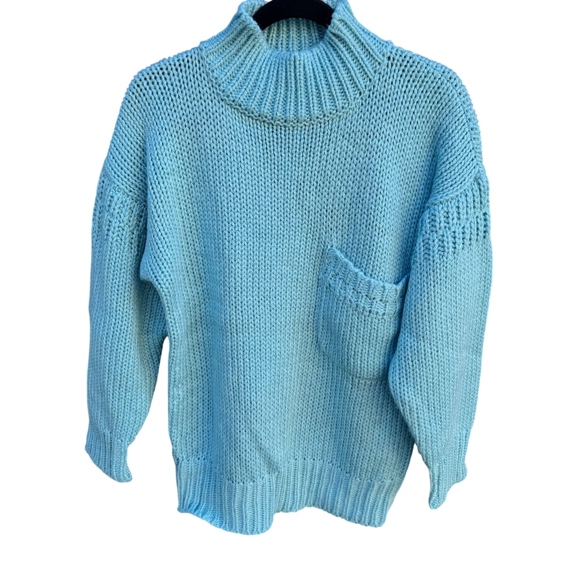 Susann D Vintage Womens Blue Chunky Knit Turtleneck Sweater Oversized Pocket S
