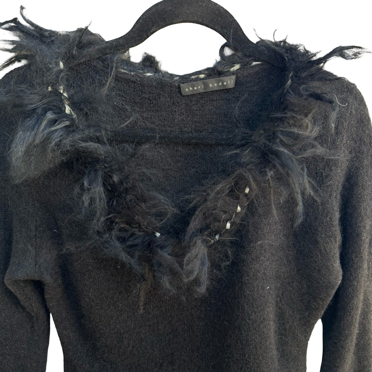 Sheri Bodell Y2K Whimsigoth Edgy Shaggy Faux Fur Trim Knit Babydoll Sweater S