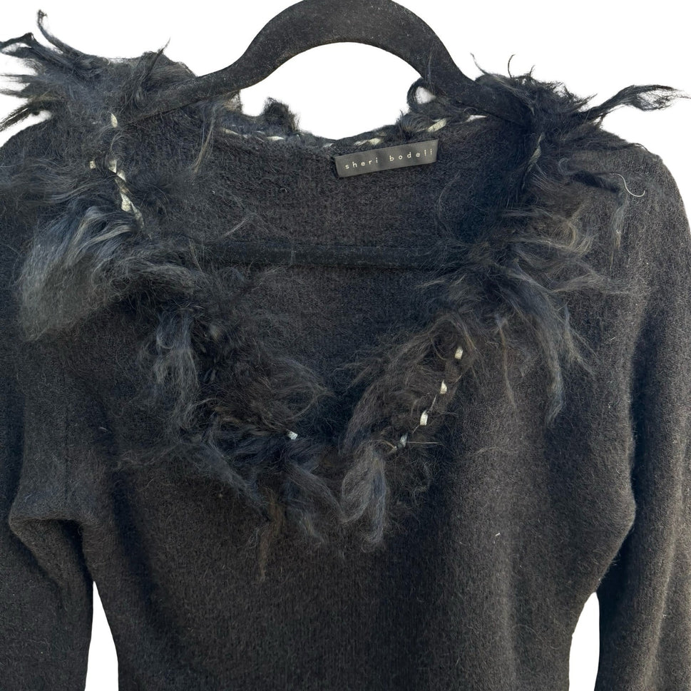 Sheri Bodell Y2K Whimsigoth Edgy Shaggy Faux Fur Trim Knit Babydoll Sweater S