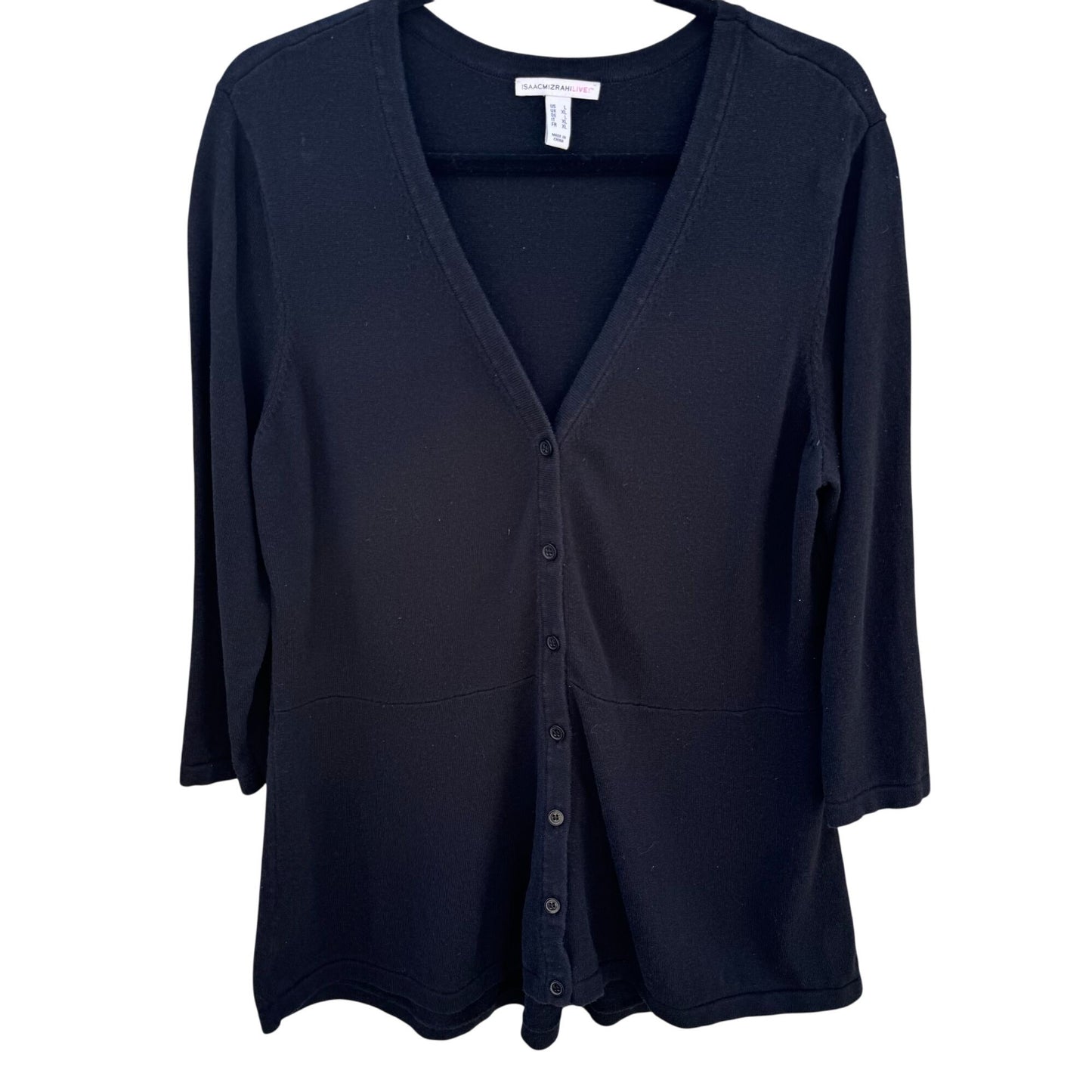 Isaac Mizrahi Live! Womens Black V Neck Button-Front 3/4 Sleeve Knit Cardigan L