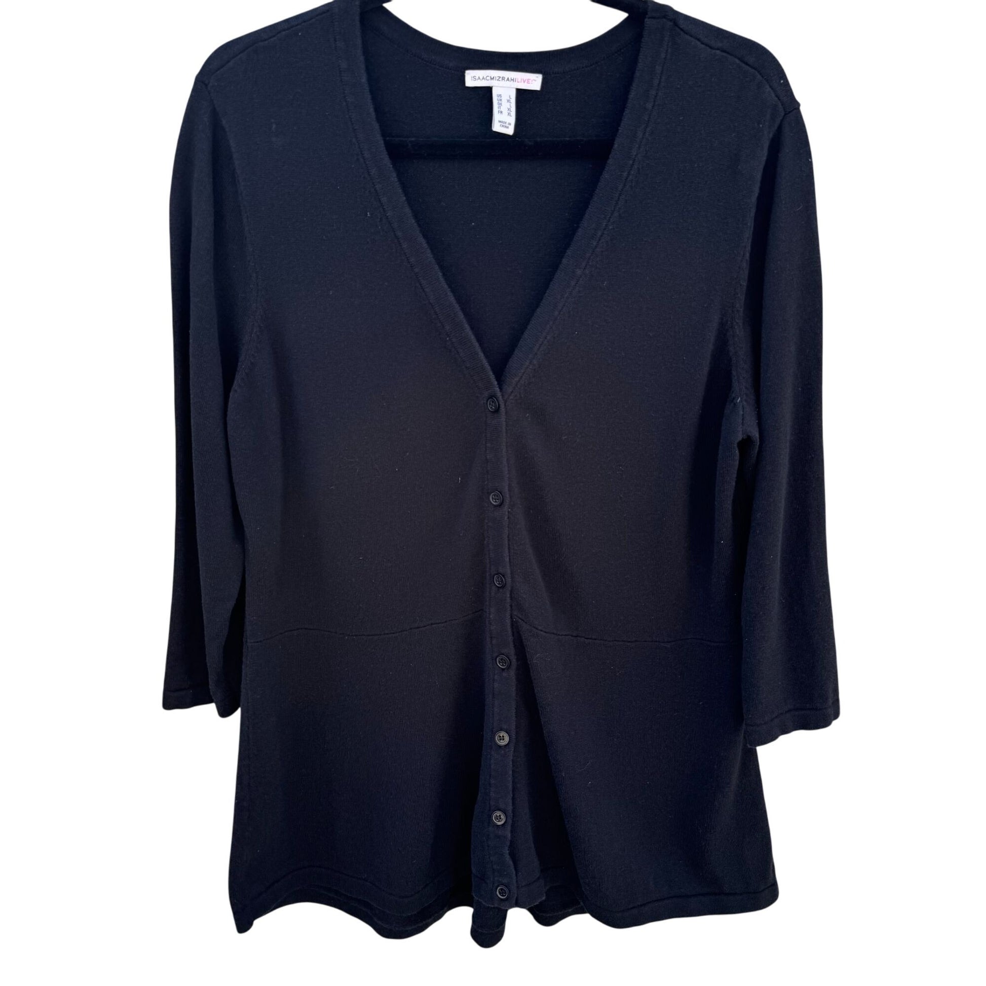 Isaac Mizrahi Live! Womens Black V Neck Button-Front 3/4 Sleeve Knit Cardigan L