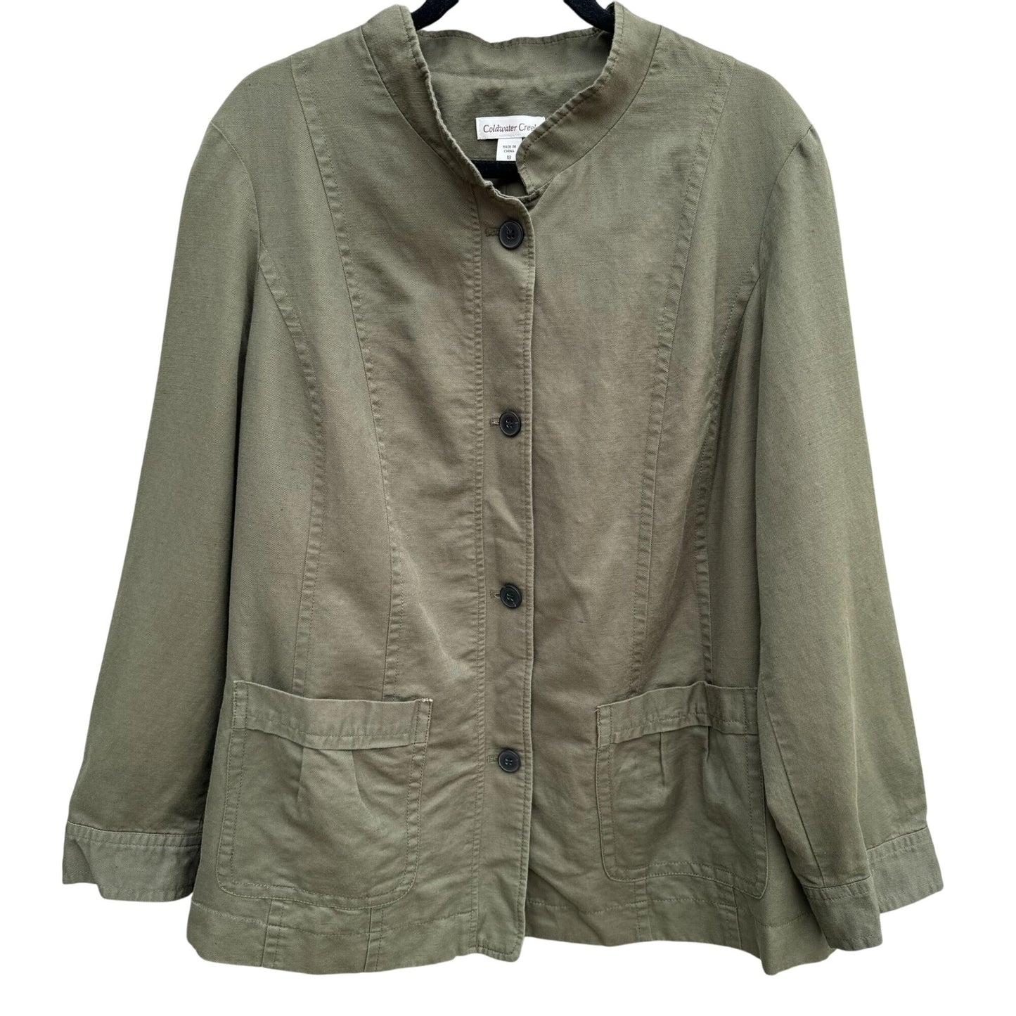 Coldwater Creek Olive Green Womens Army Military Mandarin Collar Linen Jacket 18