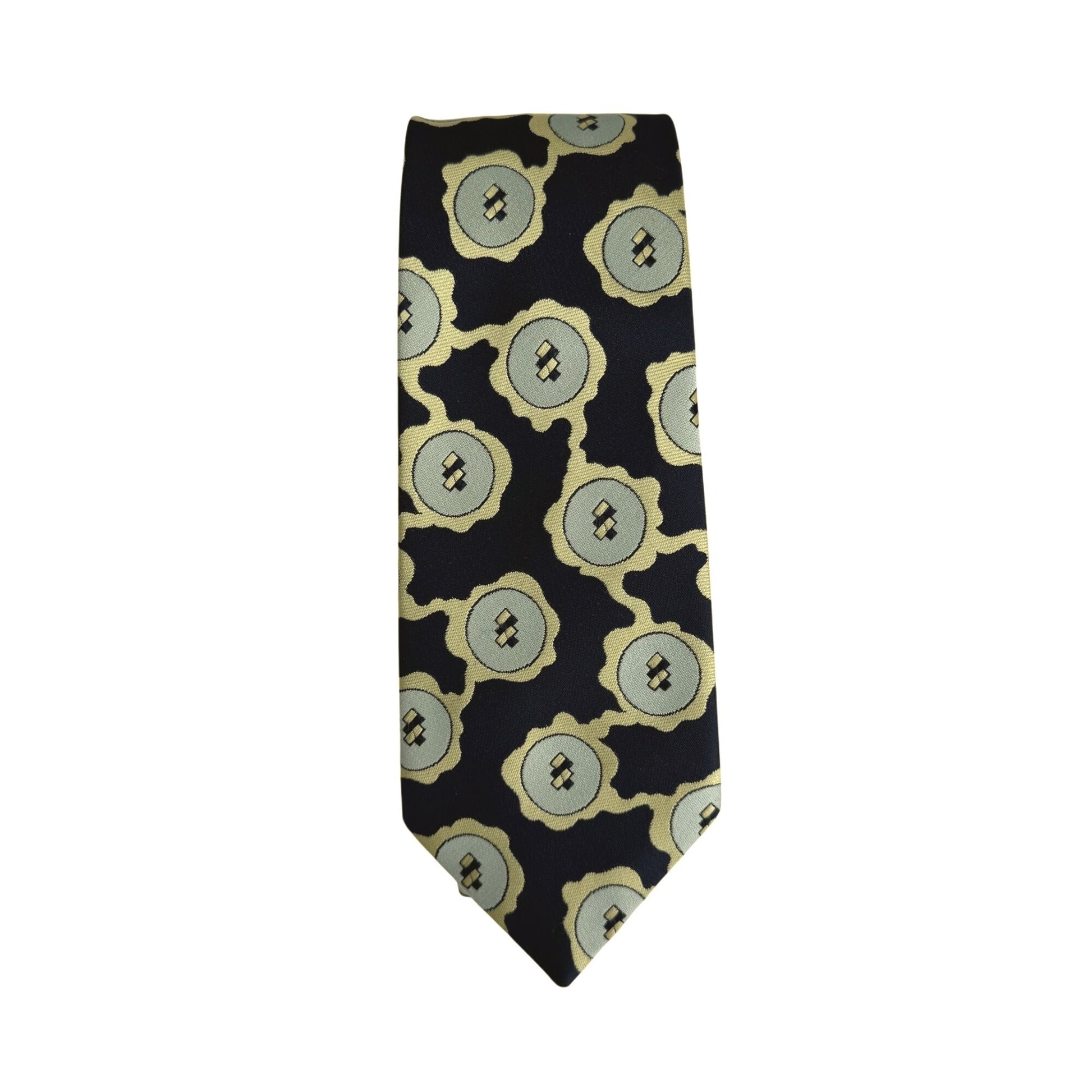 Cesare Balzano Vintage Floral Abstract Pattern Silk Navy Yellow Tie Necktie