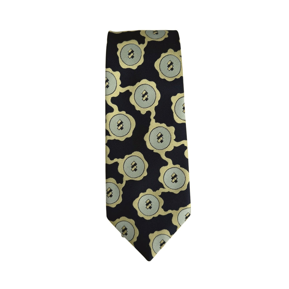 Cesare Balzano Vintage Floral Abstract Pattern Silk Navy Yellow Tie Necktie